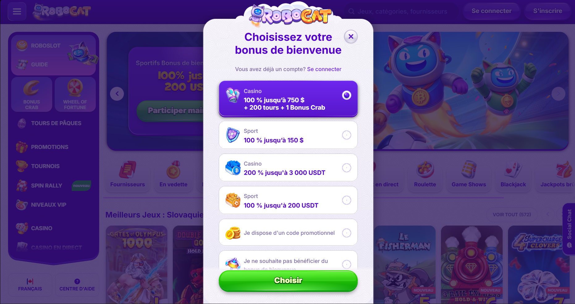 French-language RoboCat casino popup titled “Choisissez votre bonus de bienvenue,” showing multiple selectable bonus options (casino and sport offers, crypto bonuses, promo code option) and a green “Choisir” button over a blurred site background.