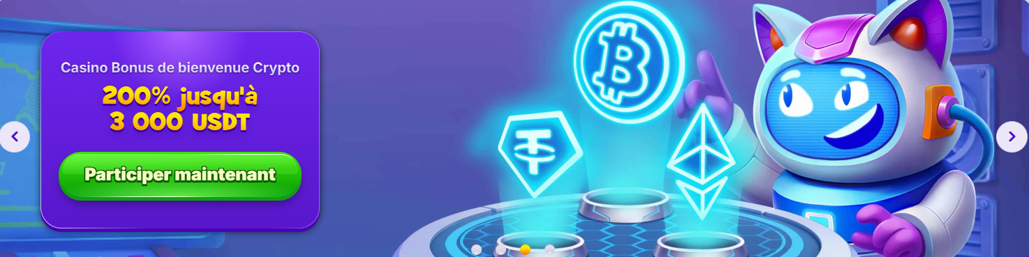 French casino banner featuring a RoboCat character with glowing cryptocurrency symbols, alongside a purple promo box advertising a crypto welcome bonus of 200% up to 3,000 USDT and a green “Participer maintenant” call-to-action button.